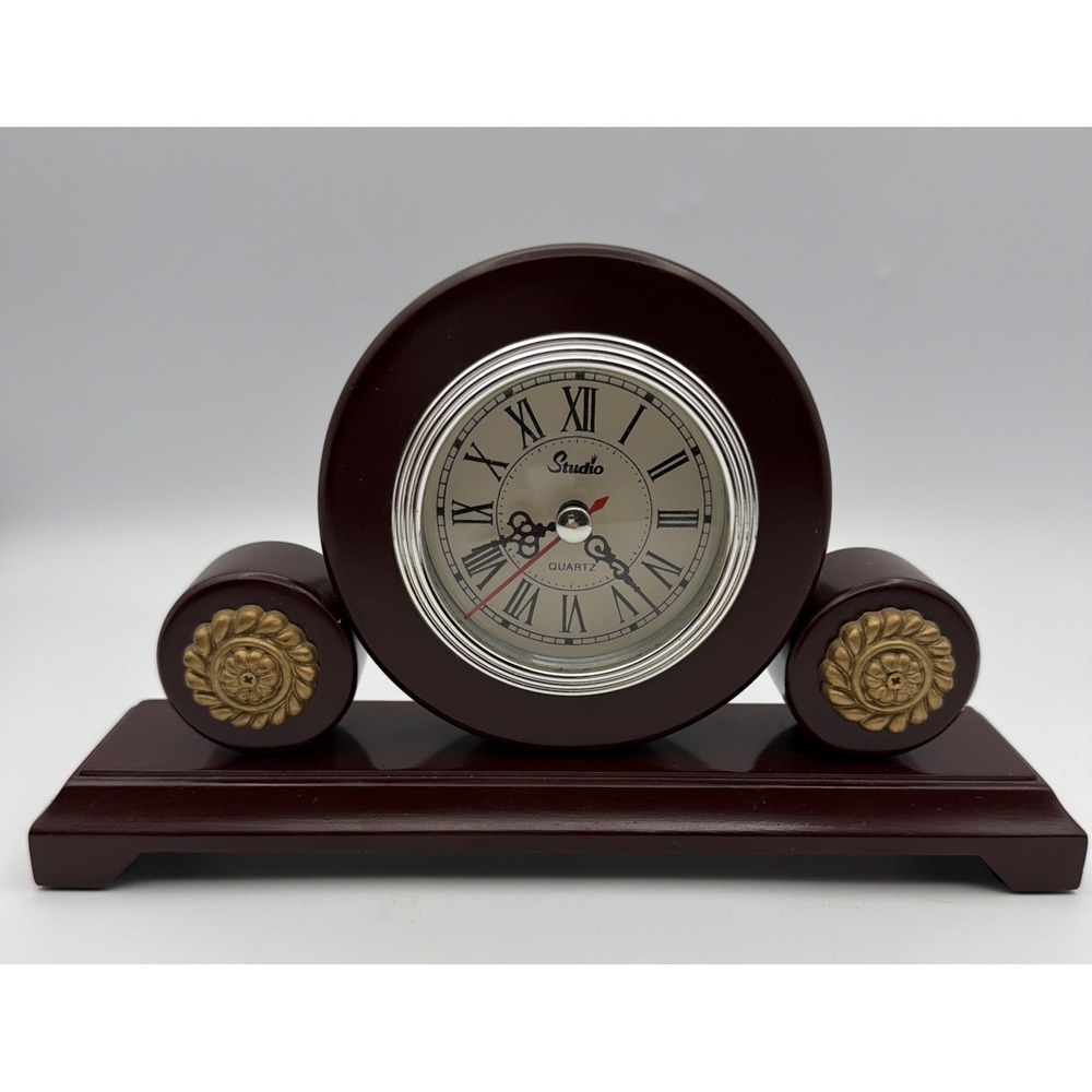 Vintage Studio Quartz Desk Mantel Clock Wood Brass Accent Roman Numeral WORKING!